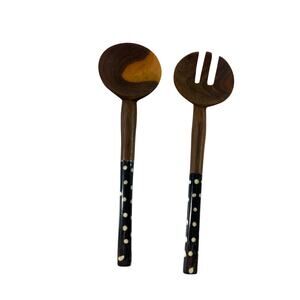 African Wooden Salad Servers Handles, Serving Spoon & Fork Hand Carved 7.5"